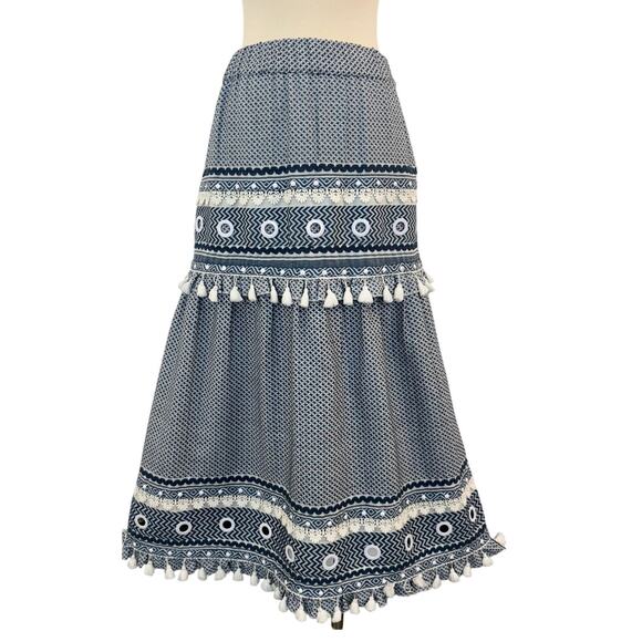 Dodo Bar Or Ataliya Embroidered Grommet Tassel Midi Skirt Blue White Boho Size M - Picture 1 of 12